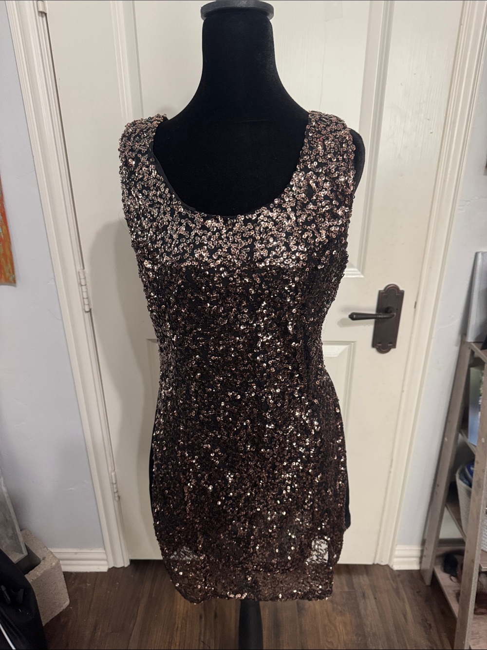 Lulumari Bronze Sequin Scoop Neck Mini Dress